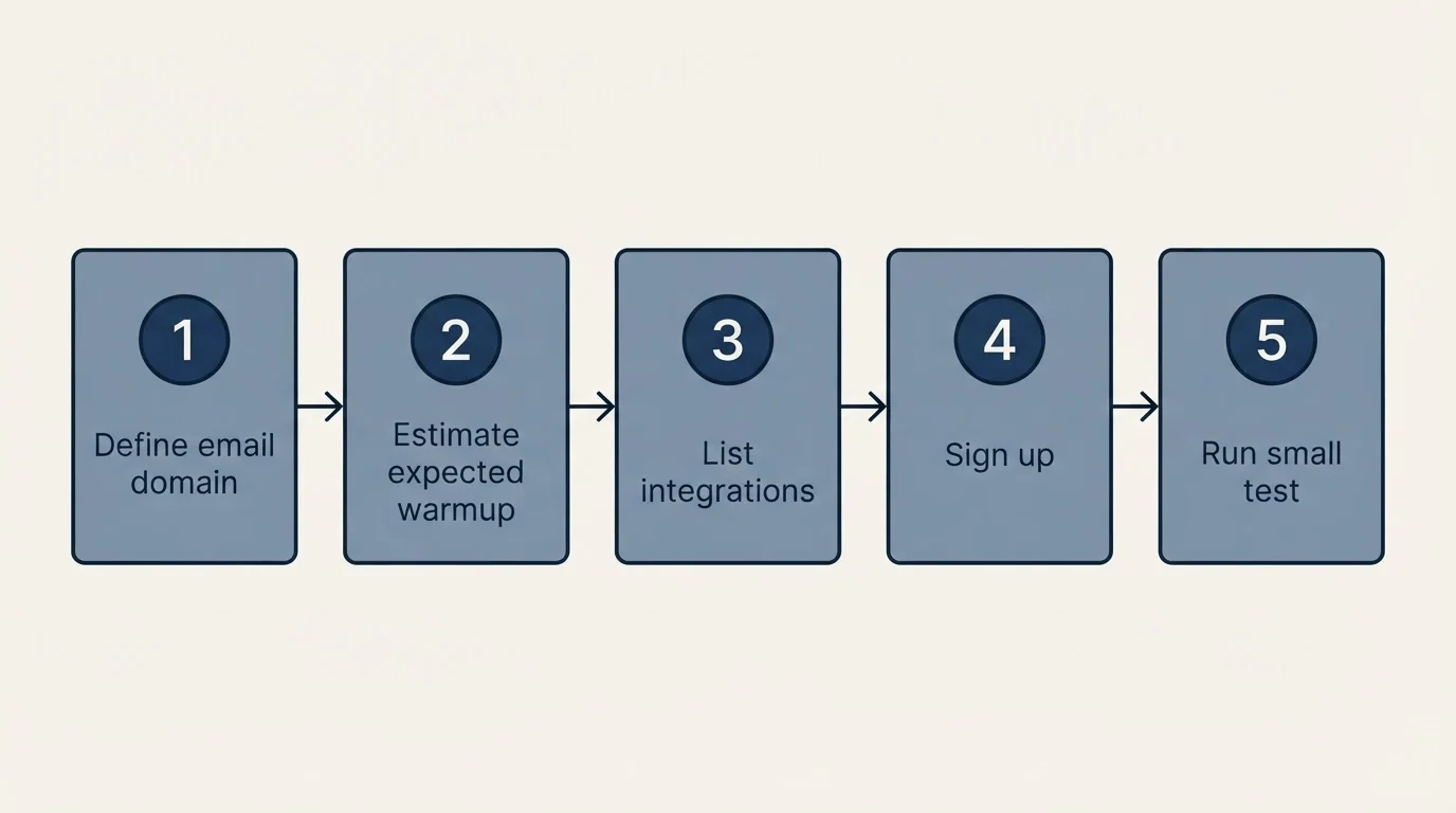 Step sequence: Getting Started Checklist (Define email domain, Estimate expected warmup, List integrations, Sign up)