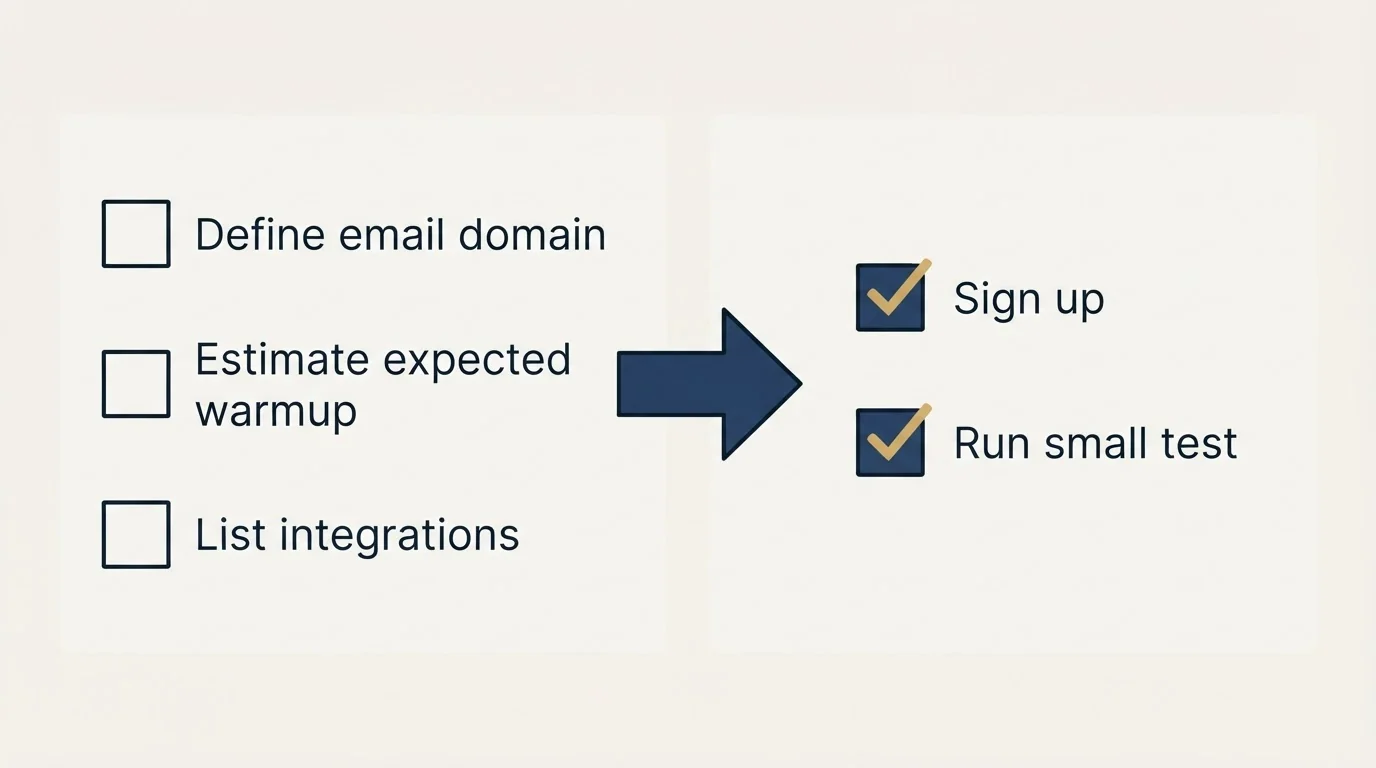 Before-and-after steps: Getting Started Checklist (Define email domain, Estimate expected warmup, List integrations, Sign up)