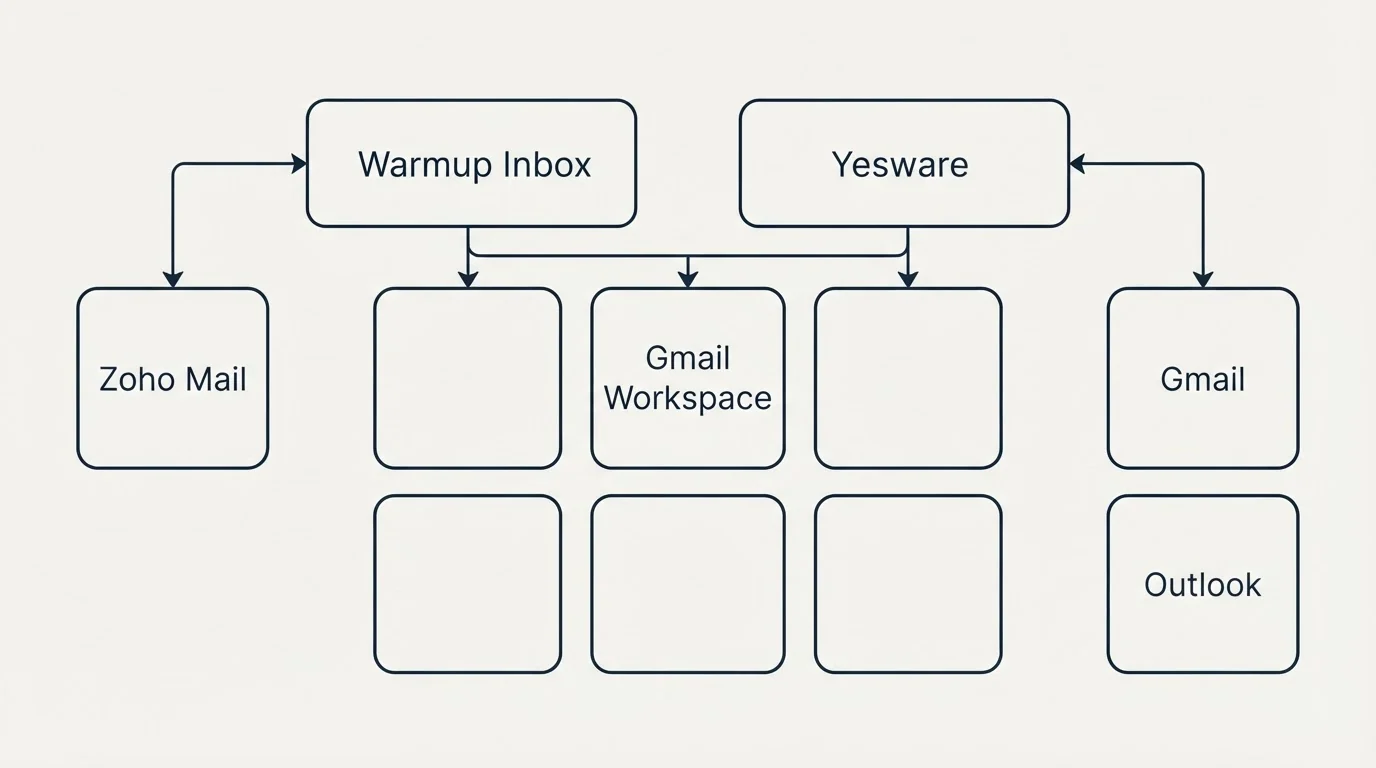 Integration grid: Integration Ecosystem (Warmup Inbox, Yesware, Gmail Workspace, Gmail)