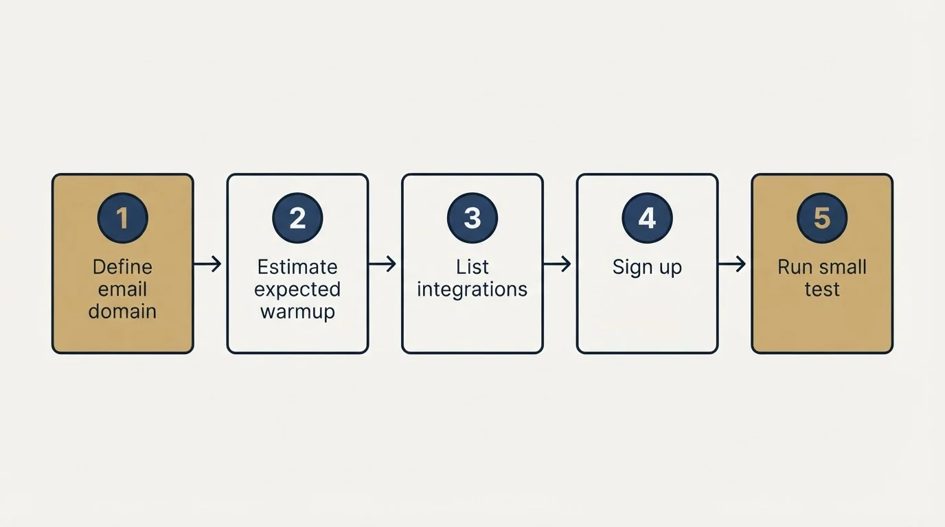 Step sequence: Getting Started Checklist (Define email domain, Estimate expected warmup, List integrations, Sign up)