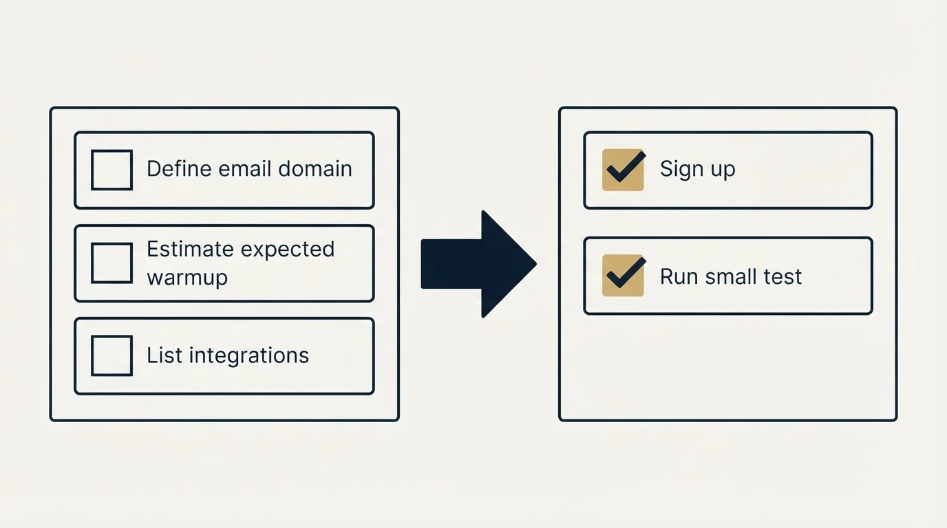 Before-and-after steps: Getting Started Checklist (Define email domain, Estimate expected warmup, List integrations, Sign up)