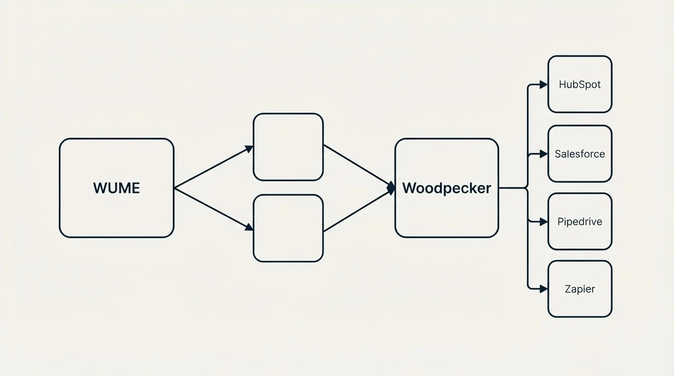 Integration schematic: Integration Ecosystem (WUME, Woodpecker, HubSpot, Salesforce)