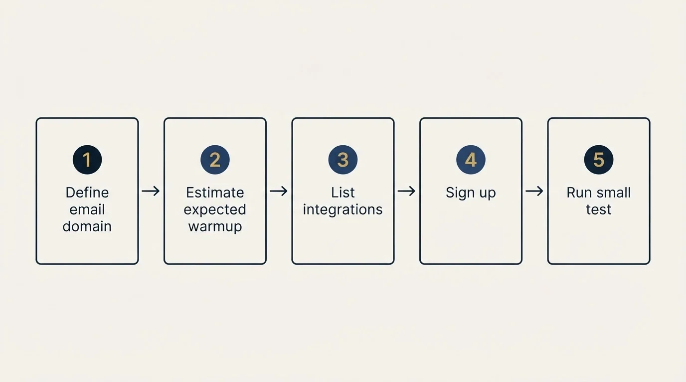 Step sequence: Getting Started Checklist (Define email domain, Estimate expected warmup, List integrations, Sign up)