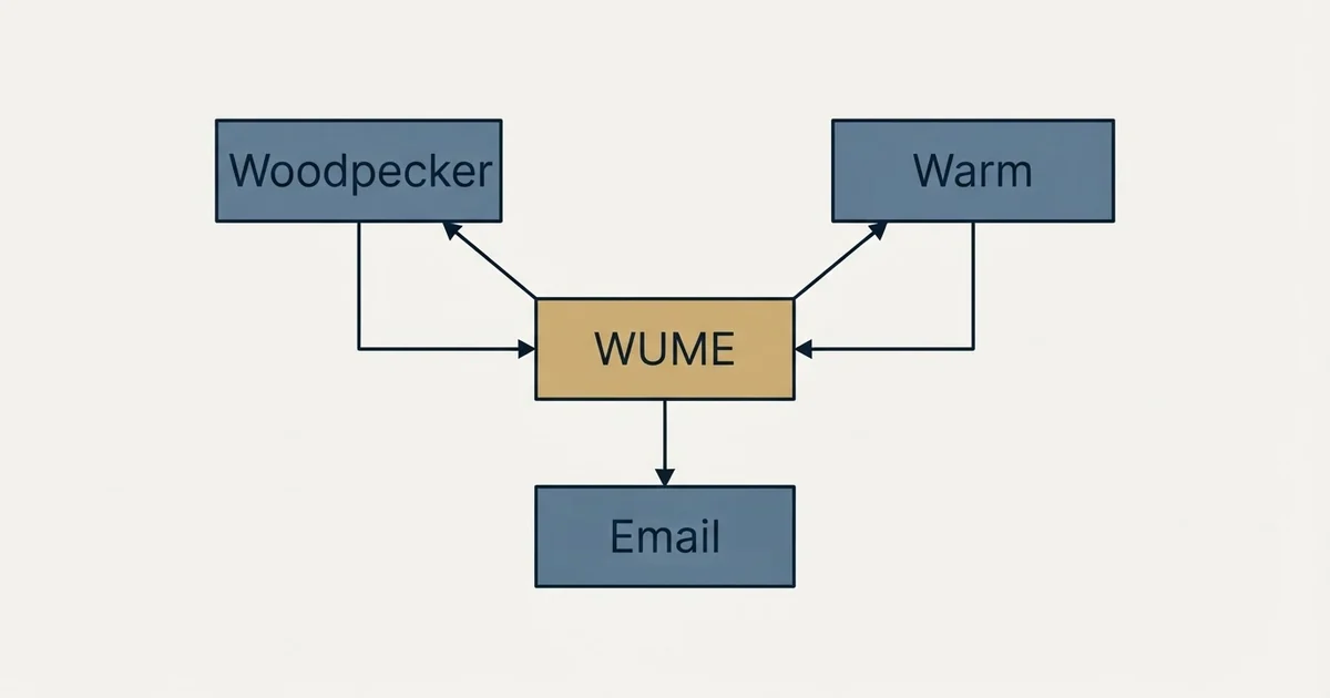 Schematic: WUME (Warm Up My Email) vs Woodpecker (WUME, Woodpecker, Warm, Email)