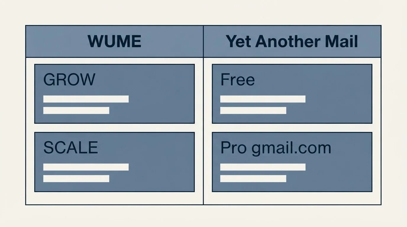 Pricing table: Pricing Comparison (WUME, Yet Another Mail, GROW, Free)