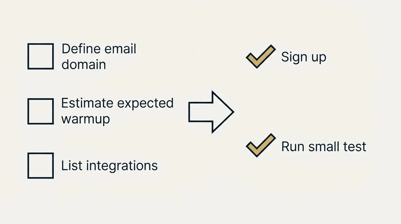Before-and-after steps: Getting Started Checklist (Define email domain, Estimate expected warmup, List integrations, Sign up)