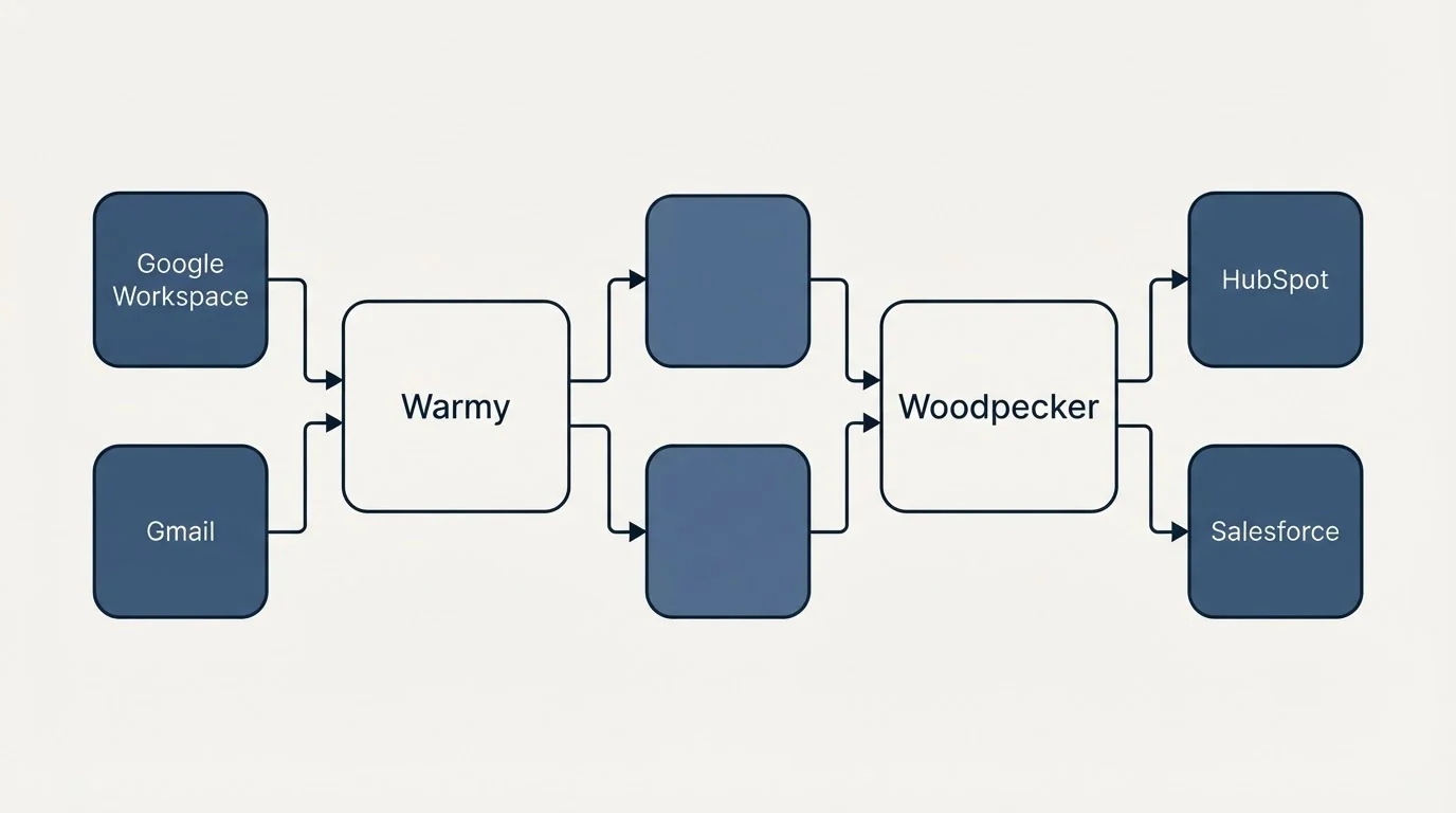 Integration schematic: Integration Ecosystem (Warmy, Woodpecker, Google Workspace, HubSpot)