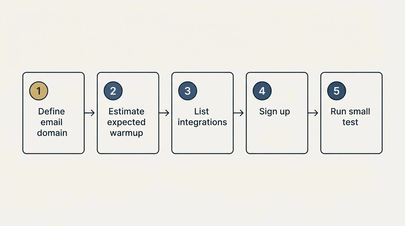 Step sequence: Getting Started Checklist (Define email domain, Estimate expected warmup, List integrations, Sign up)