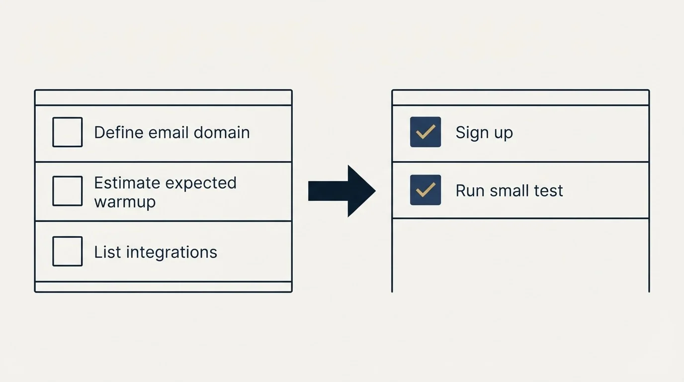 Before-and-after steps: Getting Started Checklist (Define email domain, Estimate expected warmup, List integrations, Sign up)