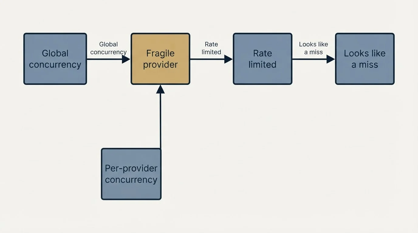 Schematic: Concurrency, and the provider that will not take it (Global concurrency, Fragile provider, Rate limited, Looks like a miss)