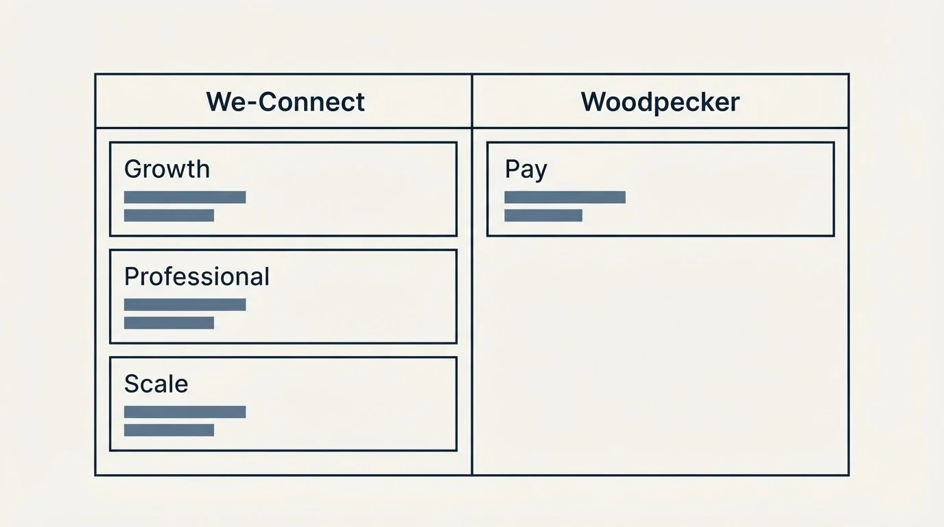 Pricing table: Pricing Comparison (We-Connect, Woodpecker, Growth, Pay)