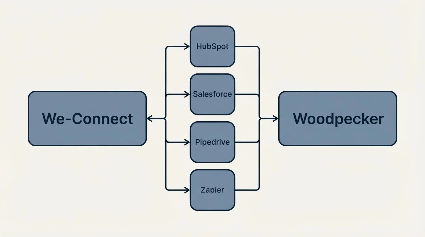 Integration schematic: Integration Ecosystem (We-Connect, Woodpecker, HubSpot, Salesforce)