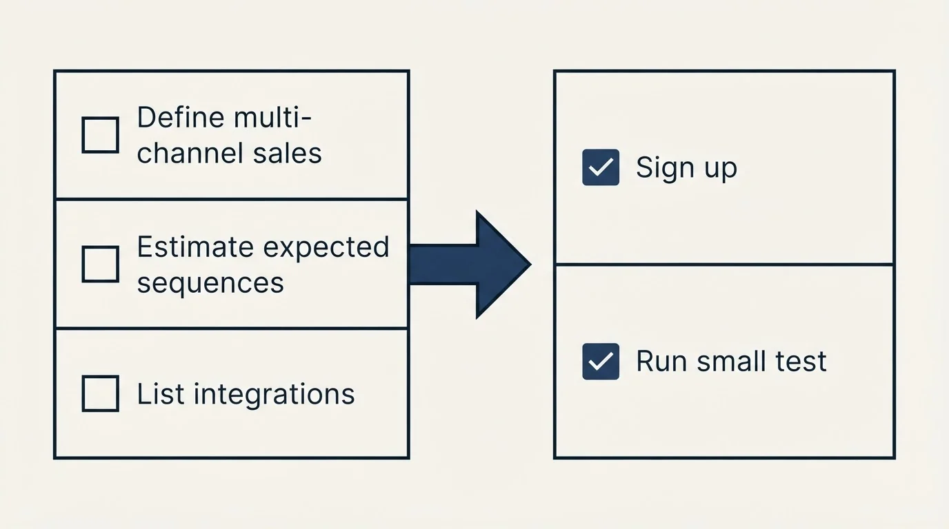 Before-and-after steps: Getting Started Checklist (Define multi-channel sales, Estimate expected sequences, List integrations, Sign up)