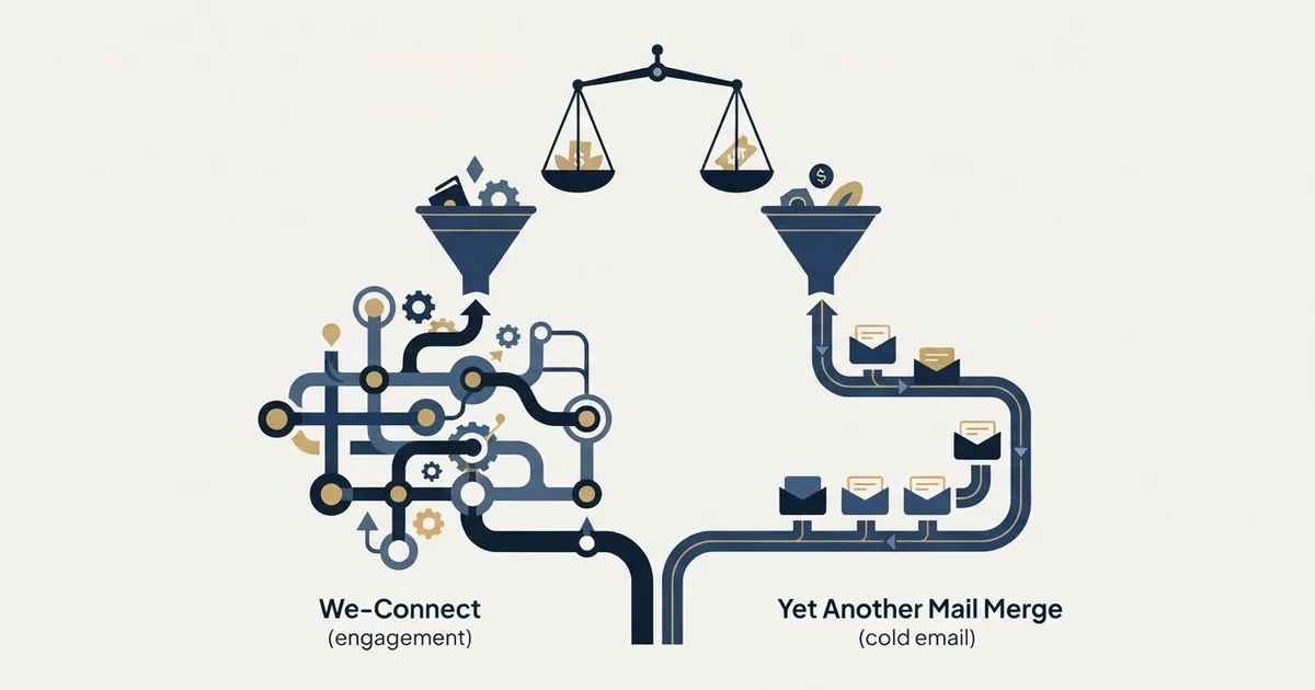Editorial illustration for We-Connect vs Yet Another Mail Merge