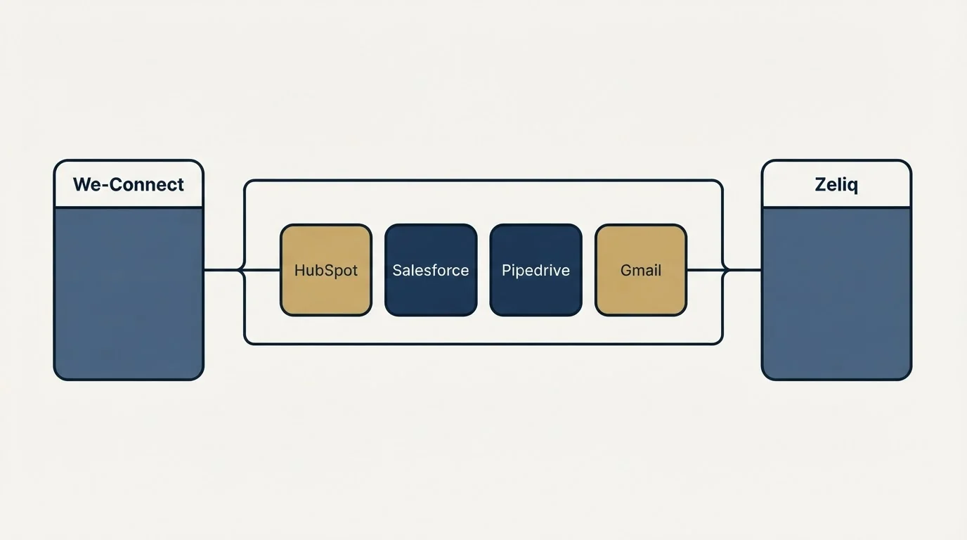 Integration schematic: Integration Ecosystem (We-Connect, Zeliq, HubSpot, Salesforce)