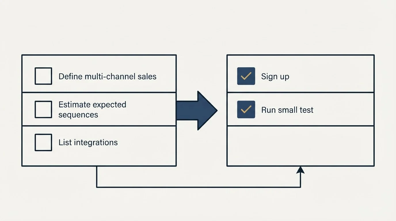 Before-and-after steps: Getting Started Checklist (Define multi-channel sales, Estimate expected sequences, List integrations, Sign up)