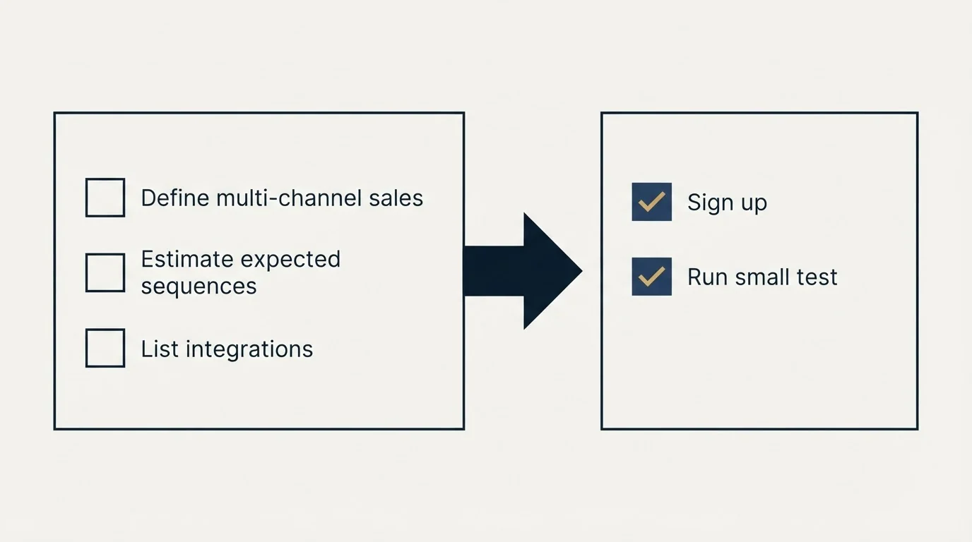 Before-and-after steps: Getting Started Checklist (Define multi-channel sales, Estimate expected sequences, List integrations, Sign up)