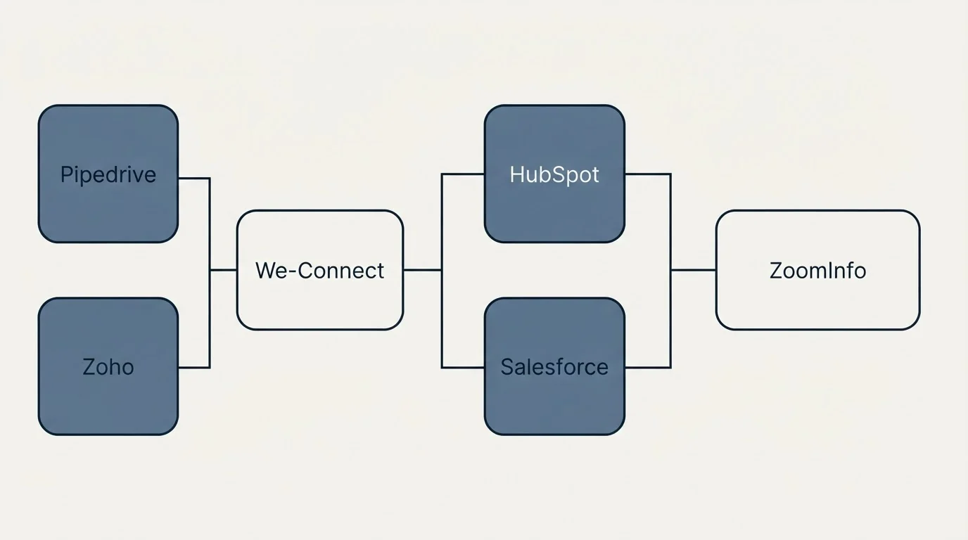 Integration flow: Integration Ecosystem (We-Connect, ZoomInfo, HubSpot, Salesforce)