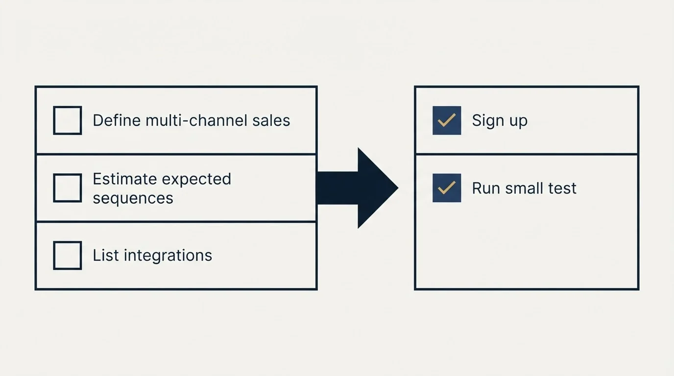 Before-and-after steps: Getting Started Checklist (Define multi-channel sales, Estimate expected sequences, List integrations, Sign up)