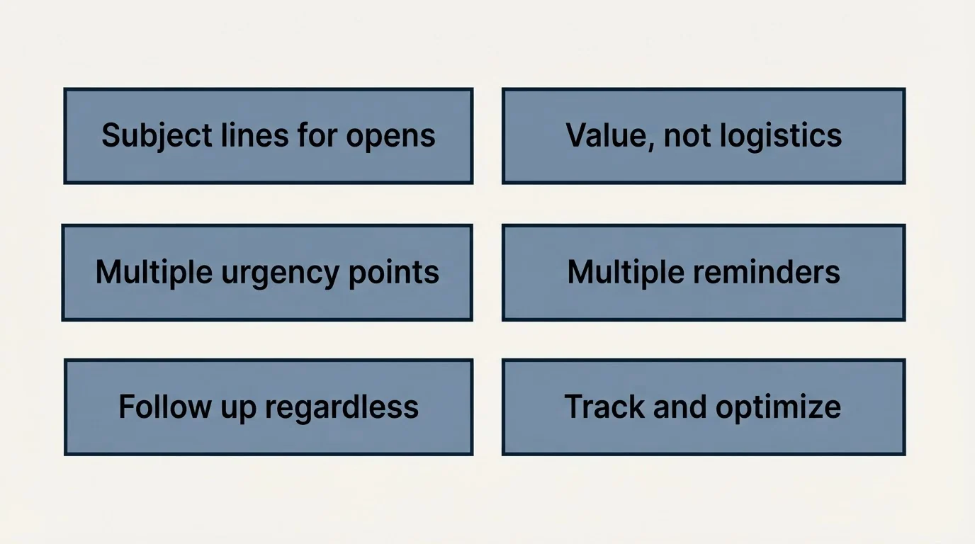 Schematic: Best Practices for Webinar Invitations (Subject lines for opens, Value, not logistics, Multiple urgency points, Multiple reminders)