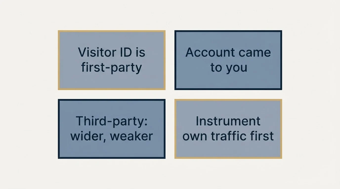 Schematic: Where it sits in the signal stack (Visitor ID is first-party, Account came to you, Third-party: wider, weaker, Instrument own traffic first)