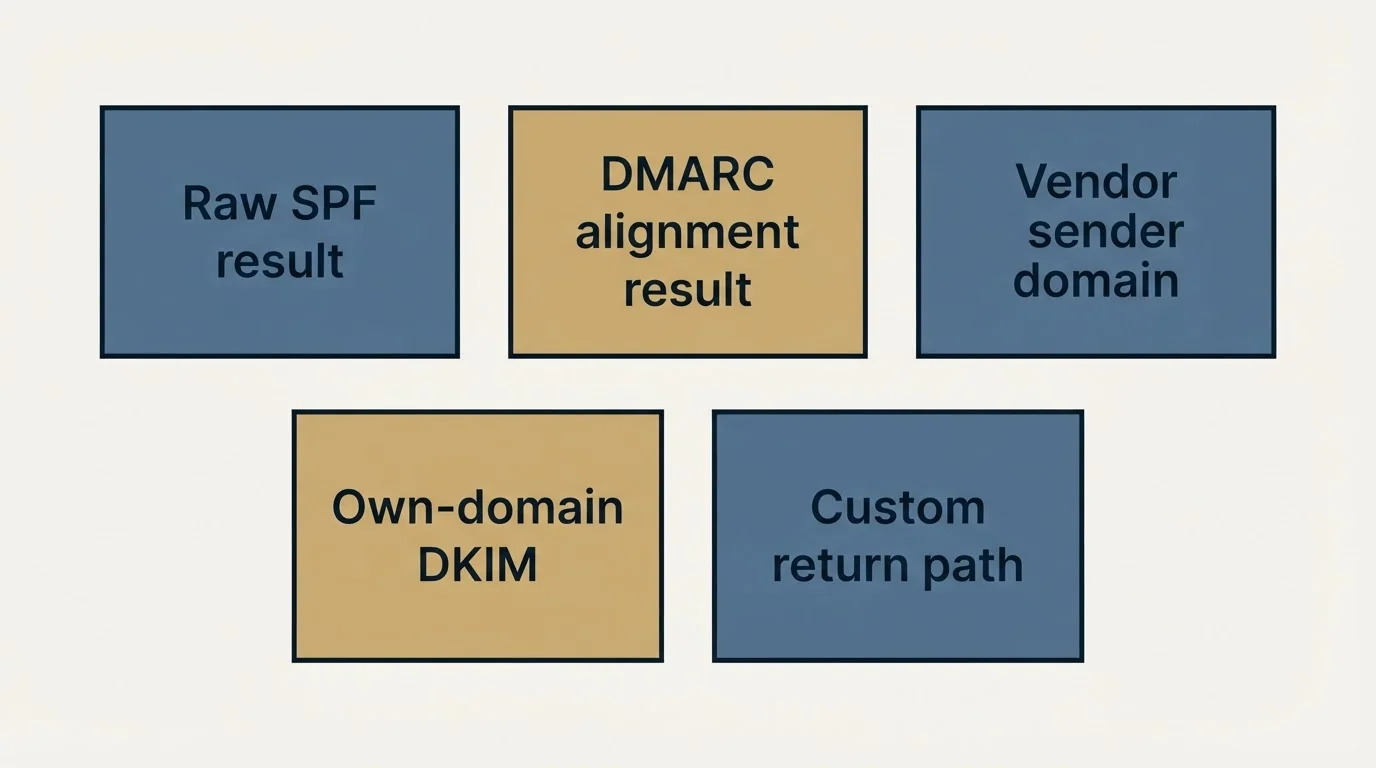 Schematic: Alignment mismatch where SPF genuinely passes (Raw SPF result, DMARC alignment result, Vendor sender domain, Own-domain DKIM)