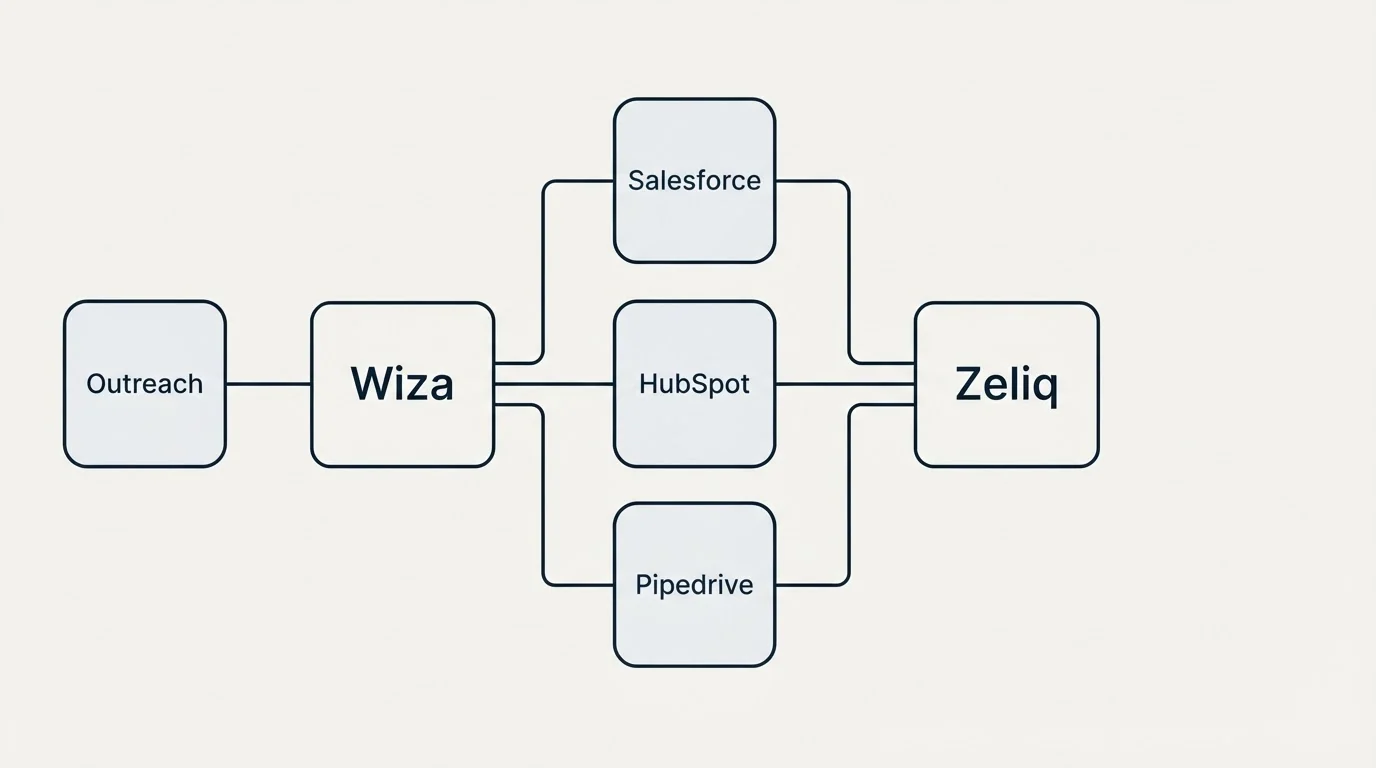 Integration flow: Integration Ecosystem (Wiza, Zeliq, Salesforce, HubSpot)
