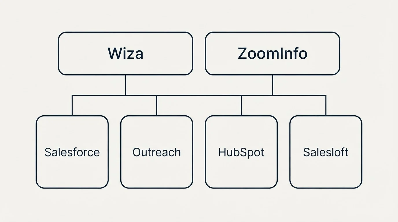 Integration grid: Integration Ecosystem (Wiza, ZoomInfo, Salesforce, Outreach)
