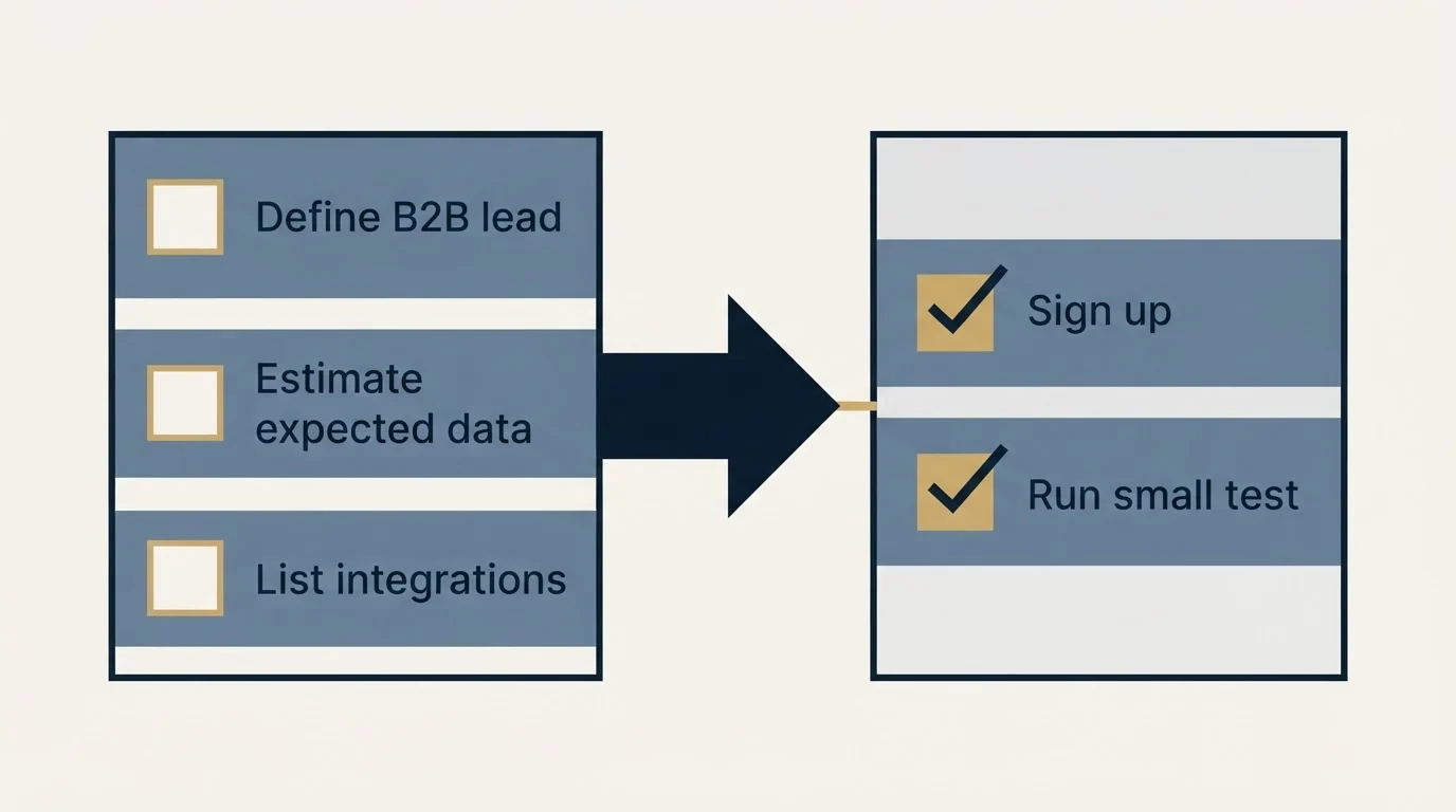 Before-and-after steps: Getting Started Checklist (Define B2B lead, Estimate expected data, List integrations, Sign up)
