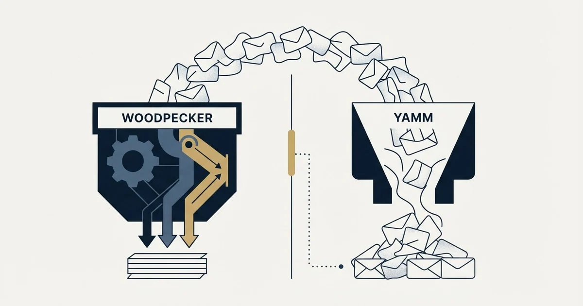 Editorial illustration for Woodpecker vs Yet Another Mail Merge