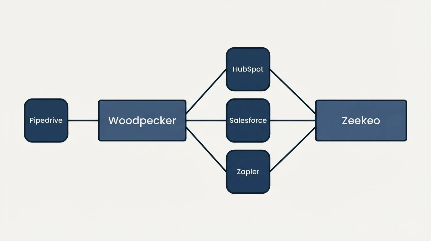 Integration schematic: Integration Ecosystem (Woodpecker, Zeekeo, HubSpot, Salesforce)