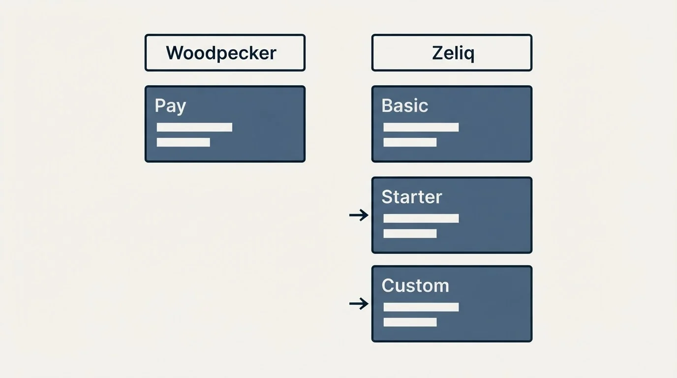 Pricing table: Pricing Comparison (Woodpecker, Zeliq, Pay, Basic)