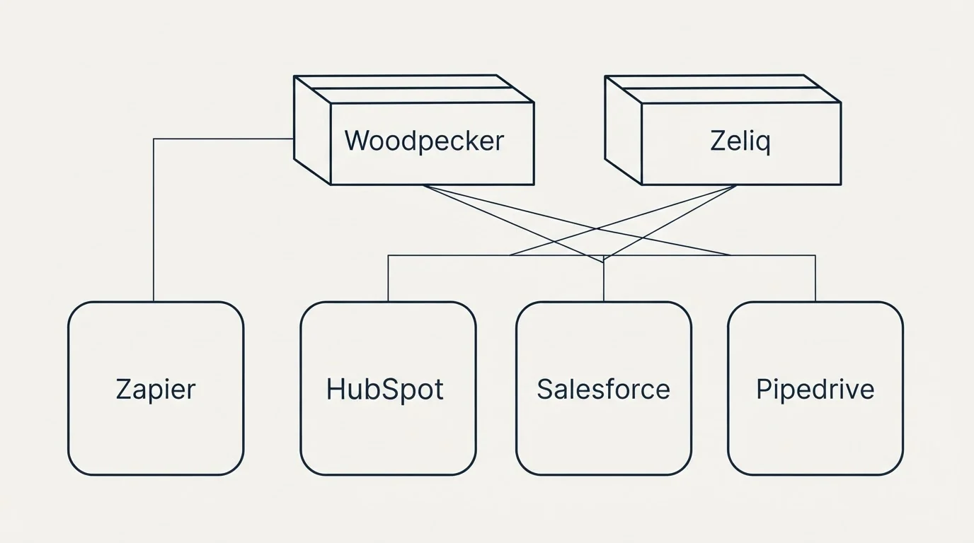 Integration grid: Integration Ecosystem (Woodpecker, Zeliq, HubSpot, Salesforce)
