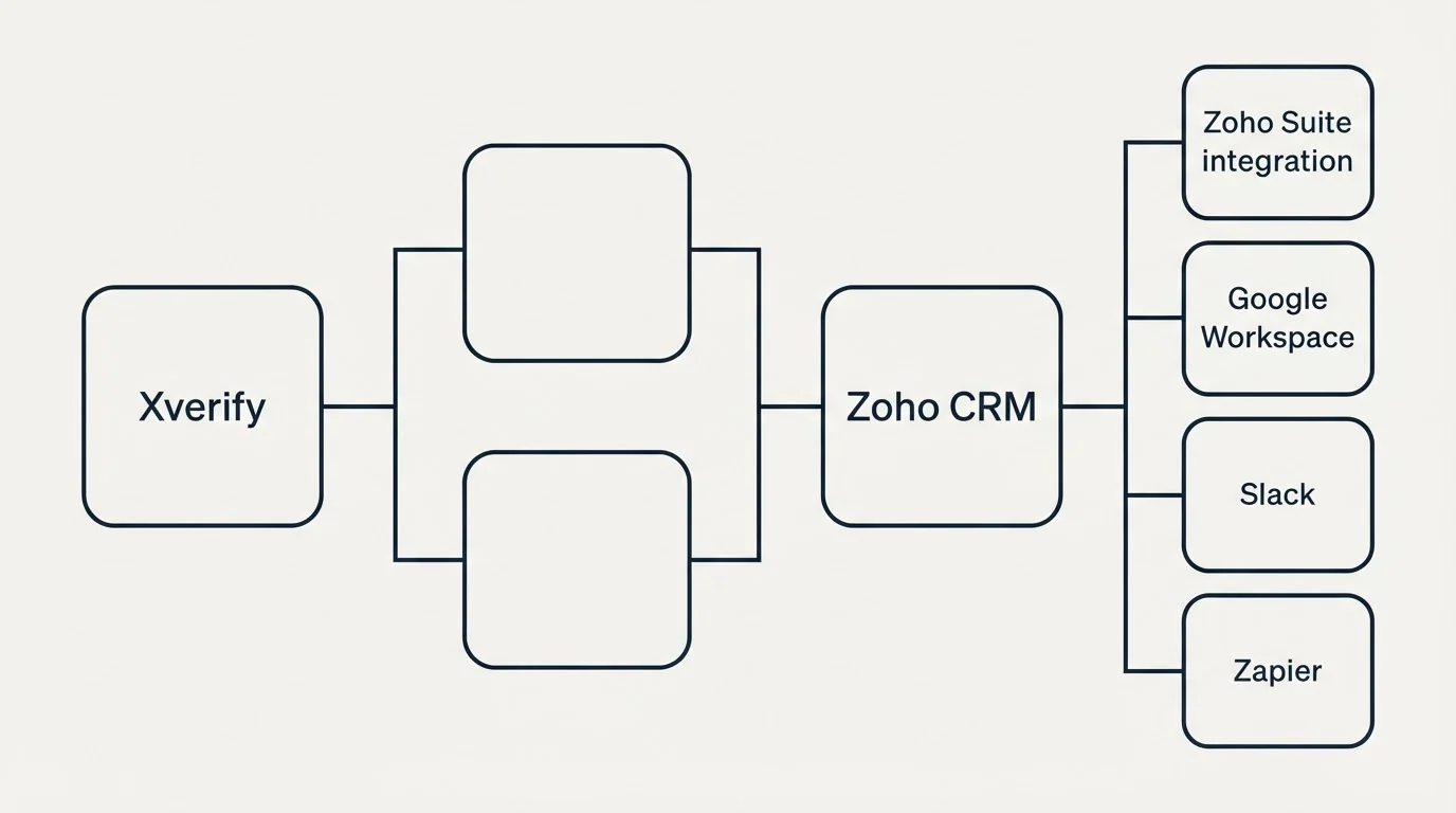 Integration flow: Integration Ecosystem (Xverify, Zoho CRM, Zoho Suite integration, Google Workspace)
