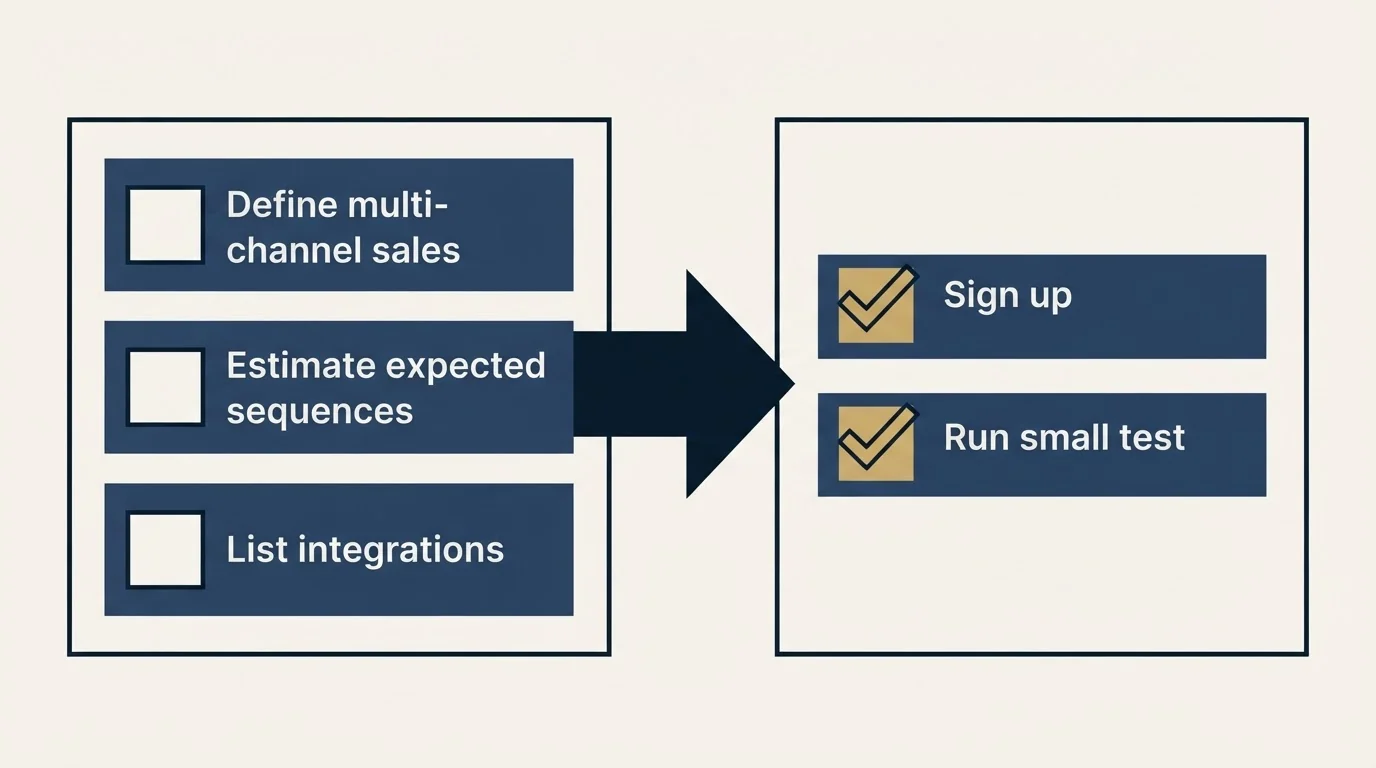Before-and-after steps: Getting Started Checklist (Define multi-channel sales, Estimate expected sequences, List integrations, Sign up)
