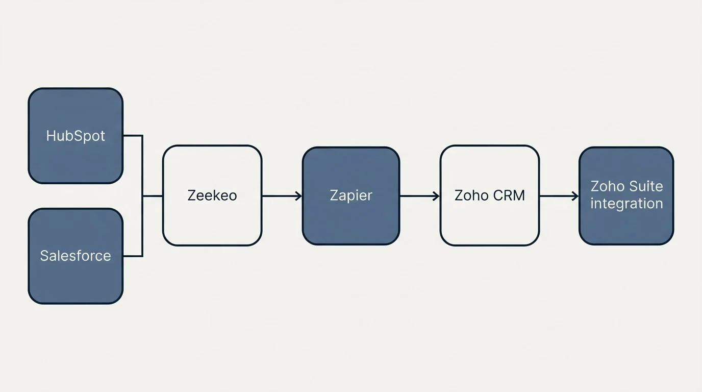 Integration flow: Integration Ecosystem (Zeekeo, Zoho CRM, Zapier, HubSpot)