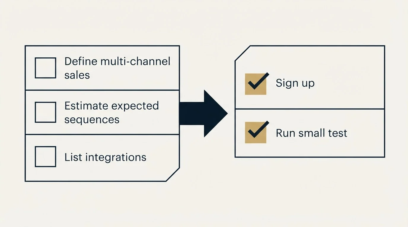 Before-and-after steps: Getting Started Checklist (Define multi-channel sales, Estimate expected sequences, List integrations, Sign up)
