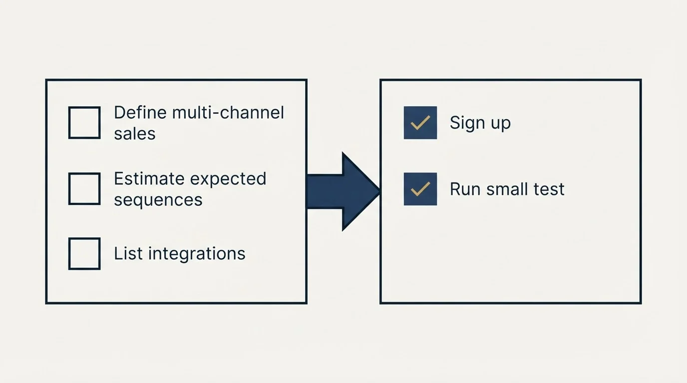 Before-and-after steps: Getting Started Checklist (Define multi-channel sales, Estimate expected sequences, List integrations, Sign up)