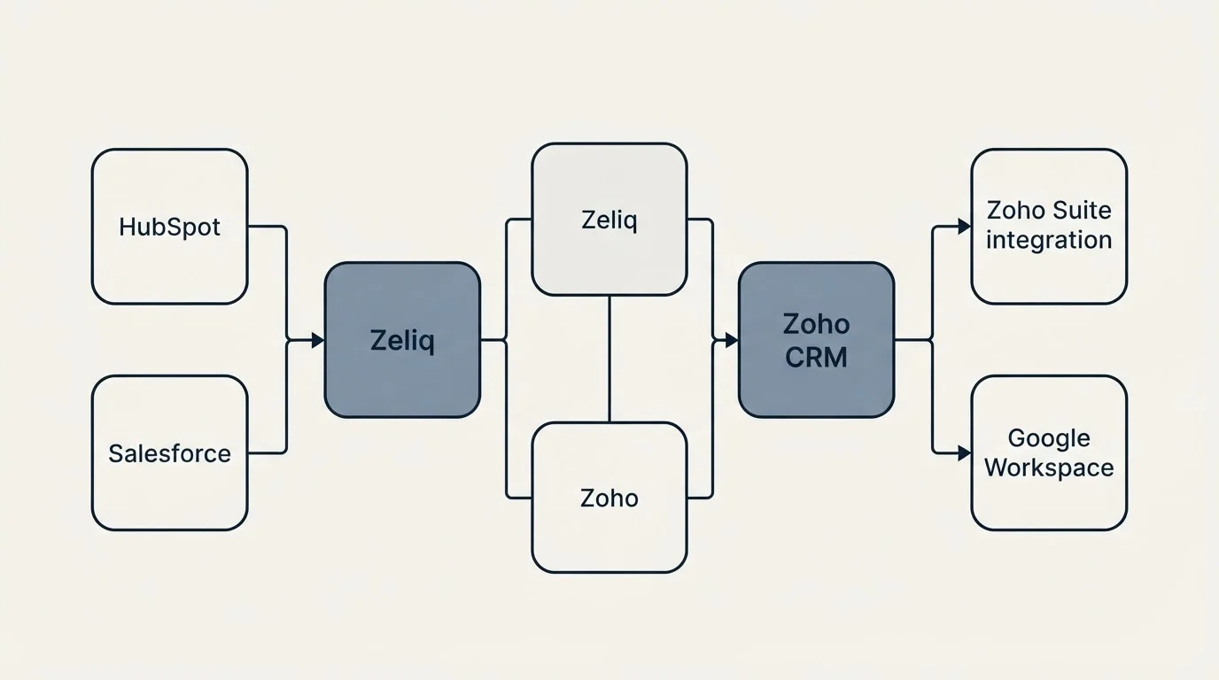 Integration schematic: Integration Ecosystem (Zeliq, Zoho CRM, HubSpot, Zoho Suite integration)