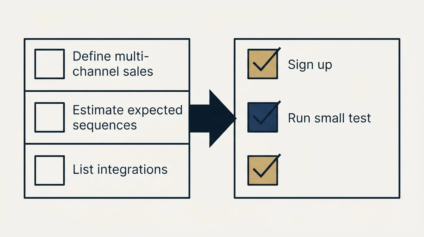 Before-and-after steps: Getting Started Checklist (Define multi-channel sales, Estimate expected sequences, List integrations, Sign up)