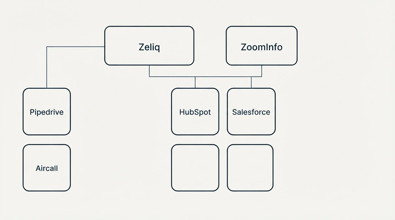 Integration grid: Integration Ecosystem (Zeliq, ZoomInfo, HubSpot, Salesforce)