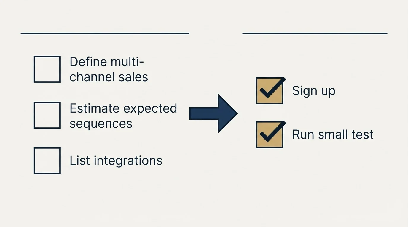 Before-and-after steps: Getting Started Checklist (Define multi-channel sales, Estimate expected sequences, List integrations, Sign up)
