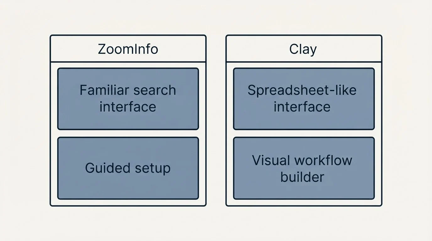 Two-column comparison: Ease of Use Comparison (ZoomInfo, Clay, Familiar search interface, Spreadsheet-like interface)