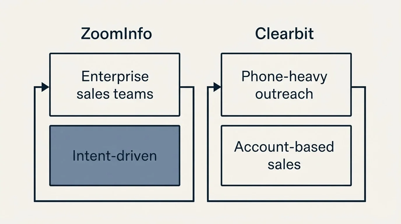 Two-column comparison: Use Case Recommendations (ZoomInfo, Clearbit, Enterprise sales teams, Phone-heavy outreach)