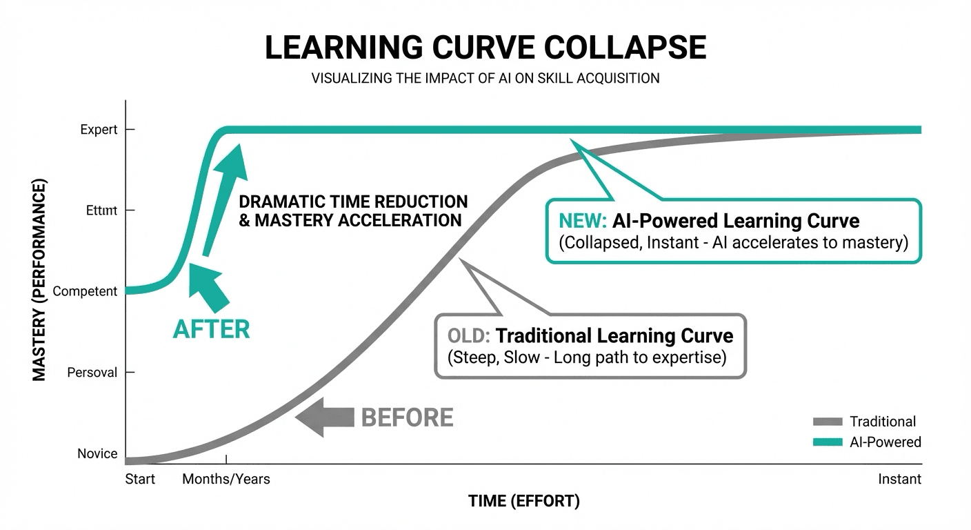 Learning curve collapse with AI showing old steep curve vs new flat curve