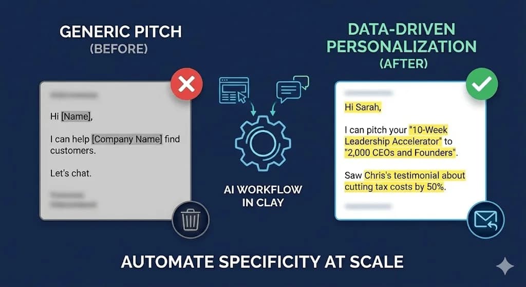 Before and after comparison showing generic cold email pitch versus data-driven personalization with specific product and testimonial references