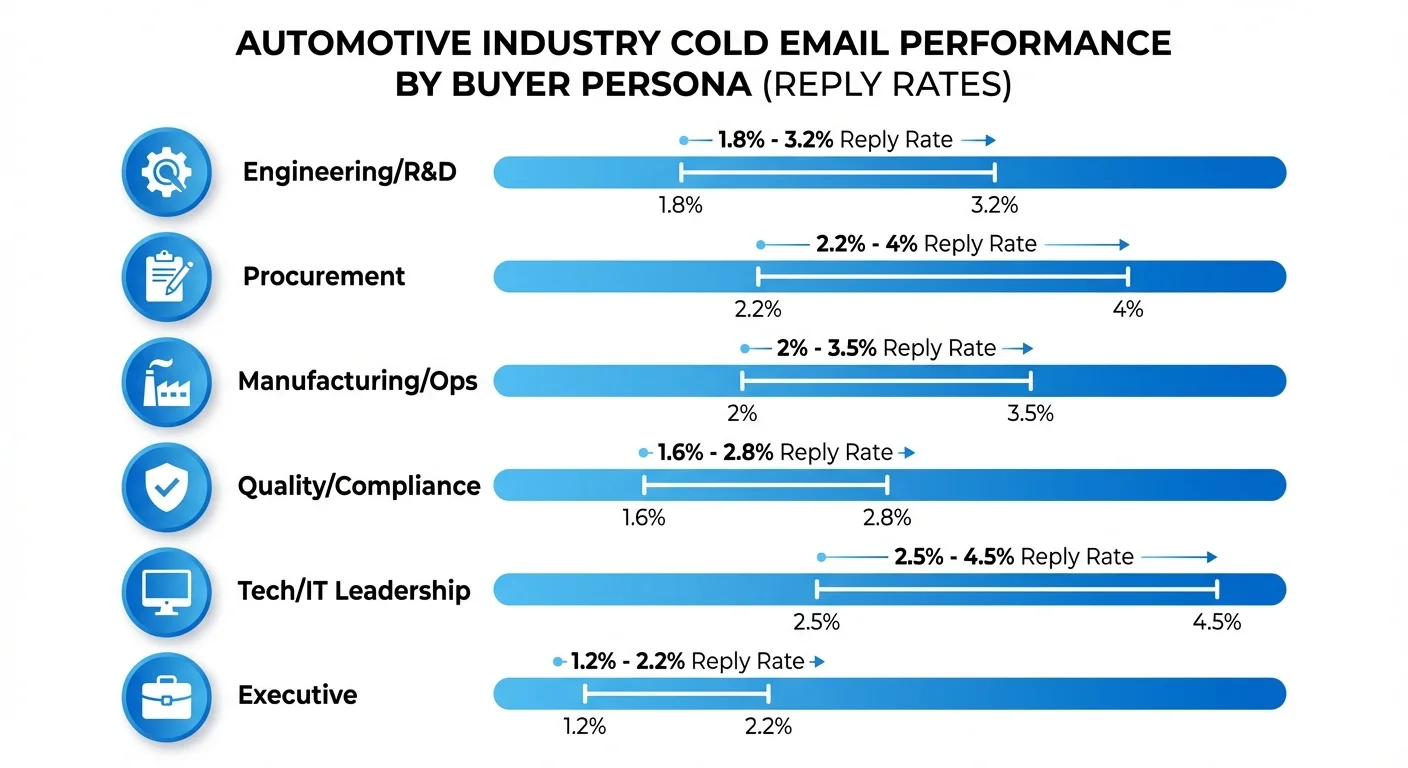 Cold email performance by buyer persona in automotive industry showing reply rates by role