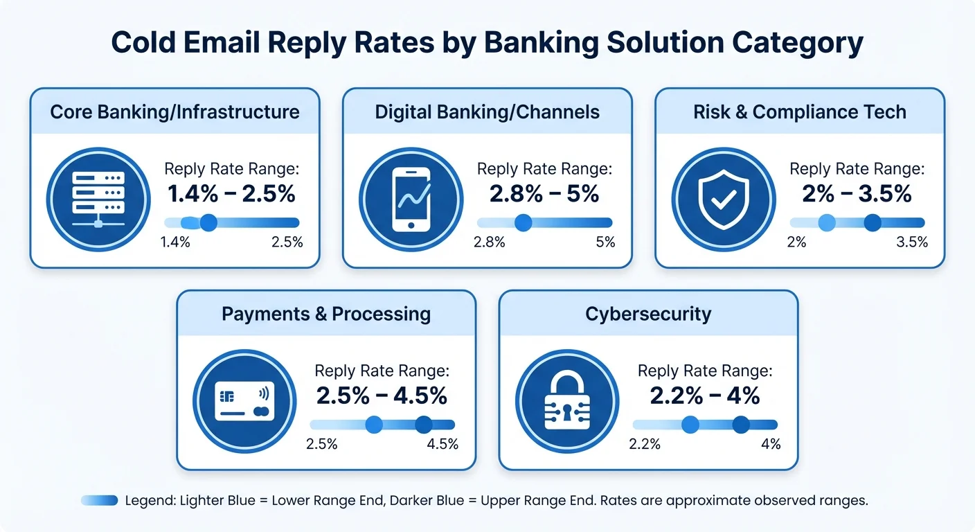 Banking cold email performance by solution category showing reply rates for different banking technologies