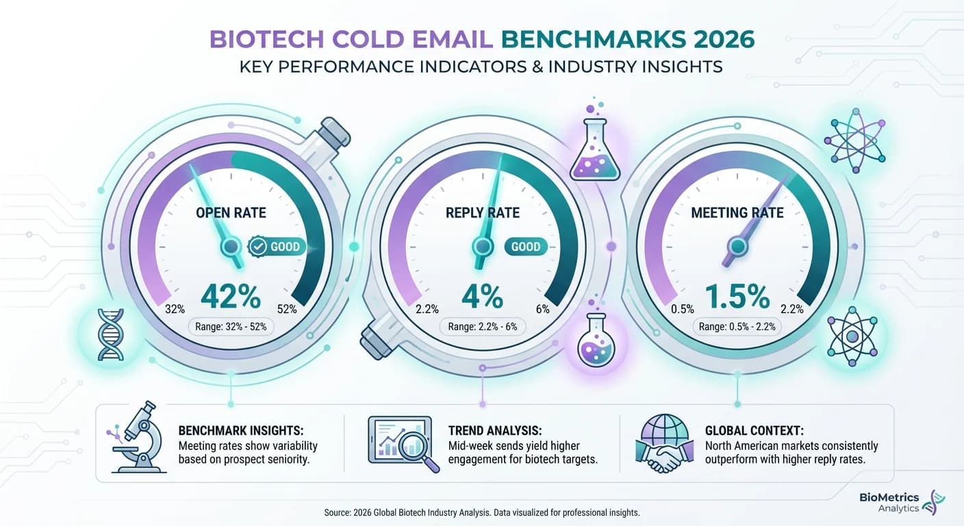Biotech cold email benchmarks 2026 dashboard showing open rate, reply rate, and meeting rate metrics