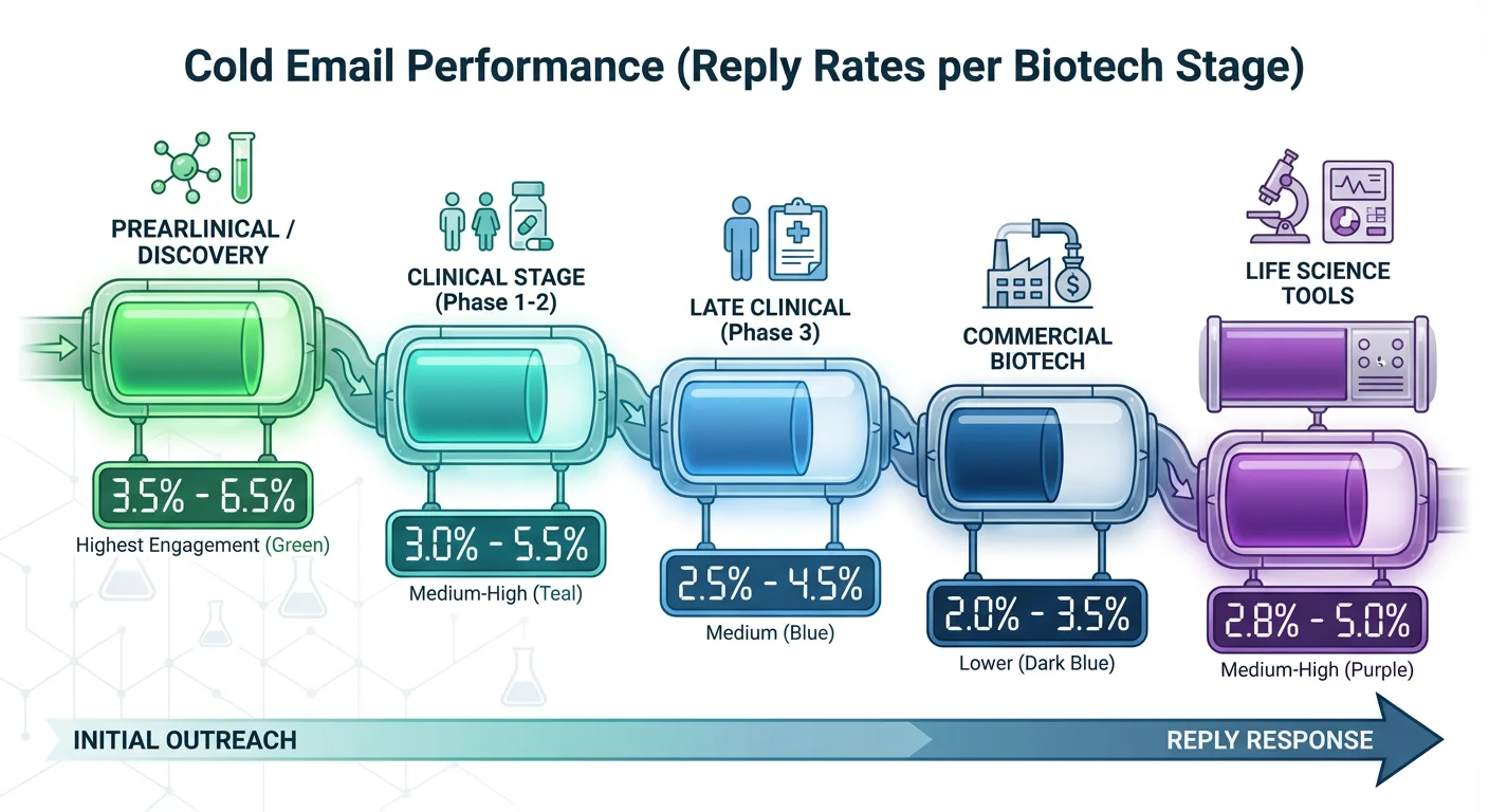 Biotech cold email performance by company stage showing reply rates from Preclinical to Commercial